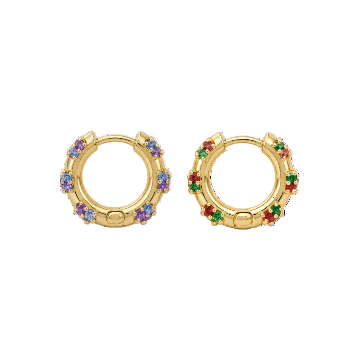 A pair of gold huggie hoop earrings decorated with small colorful gemstones, including purple, blue, green, and red, set against a plain white background.