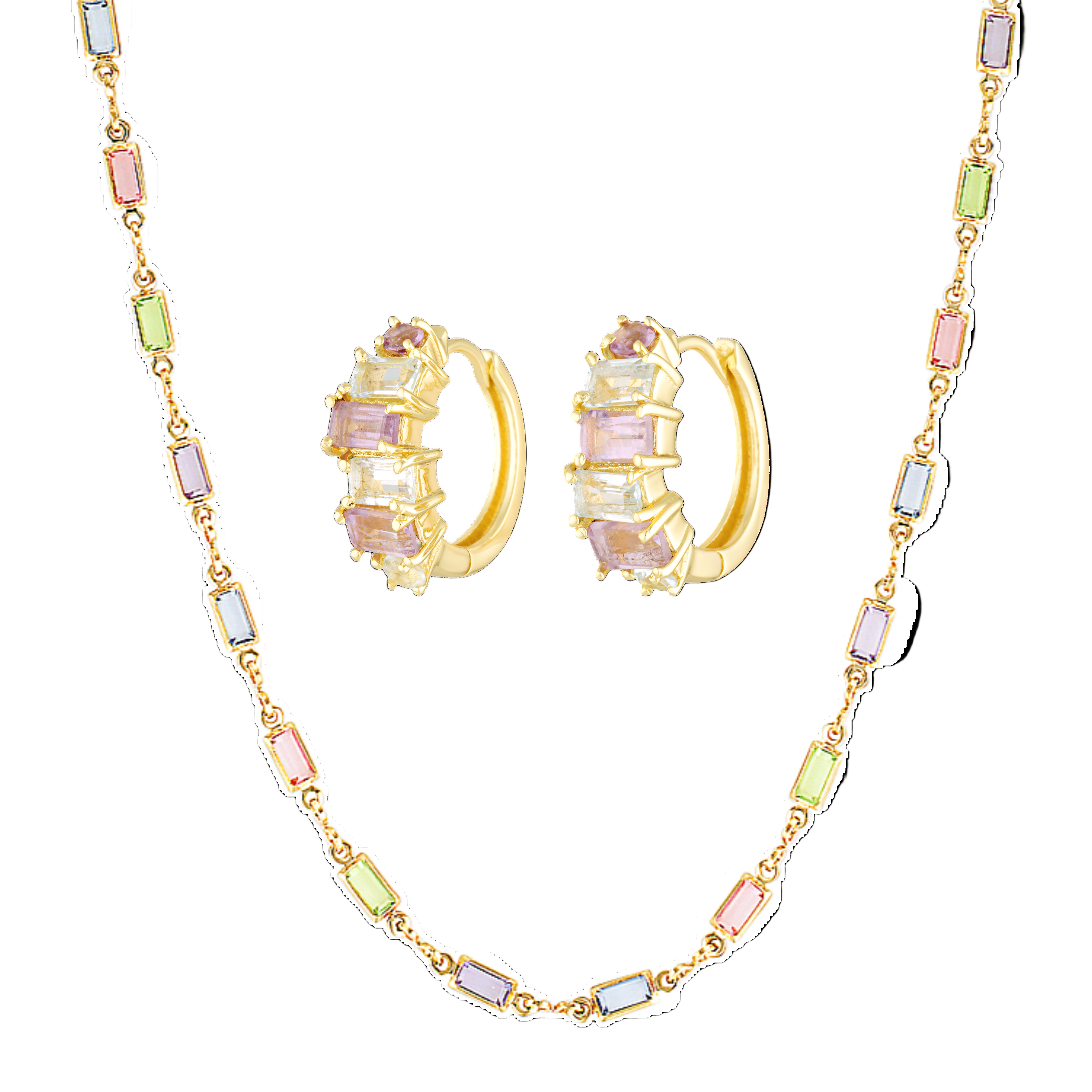Jewelry set with hoop earrings and a chain necklace featuring multicolored gemstones on a white background.