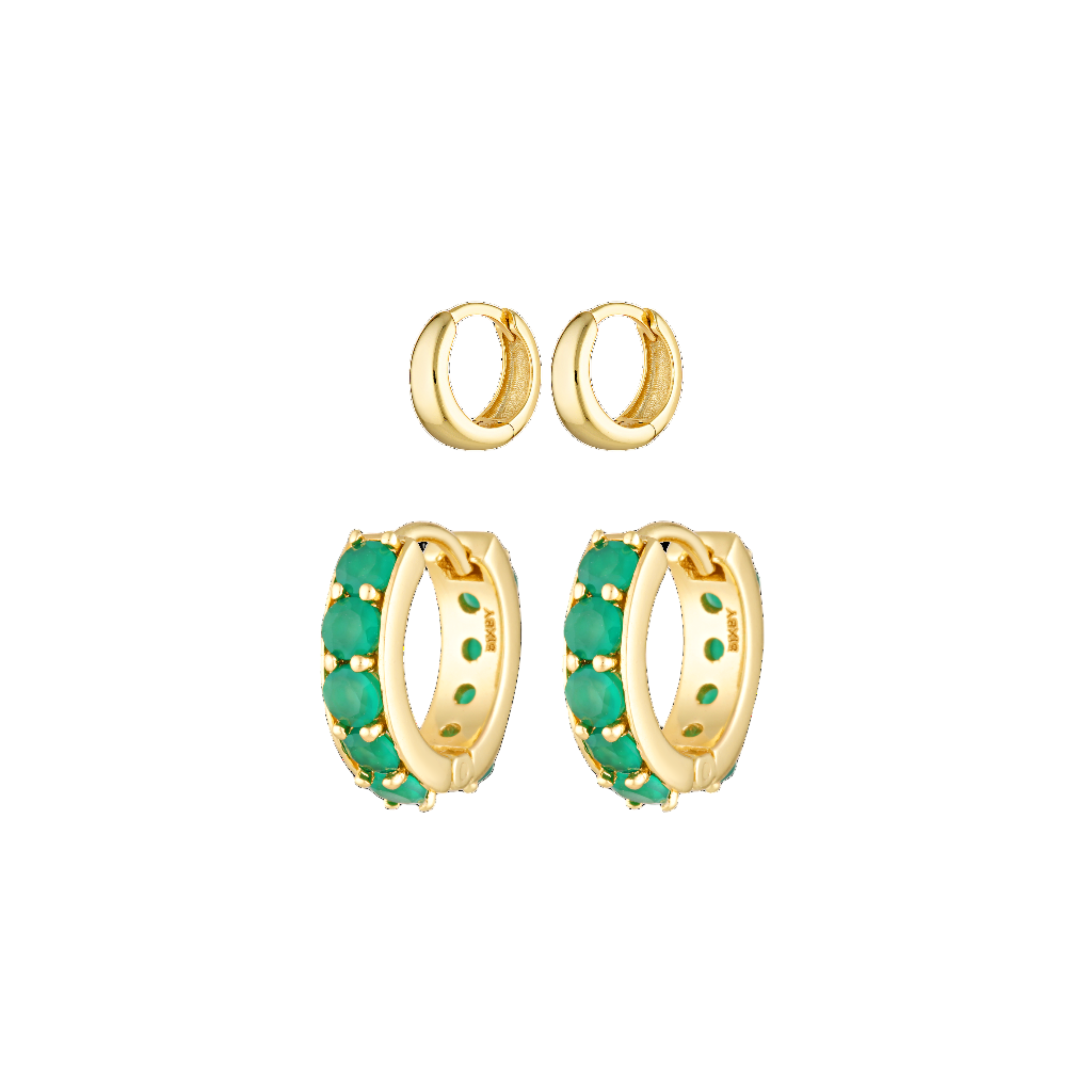 Gold hoop earrings with green gemstones on a white background