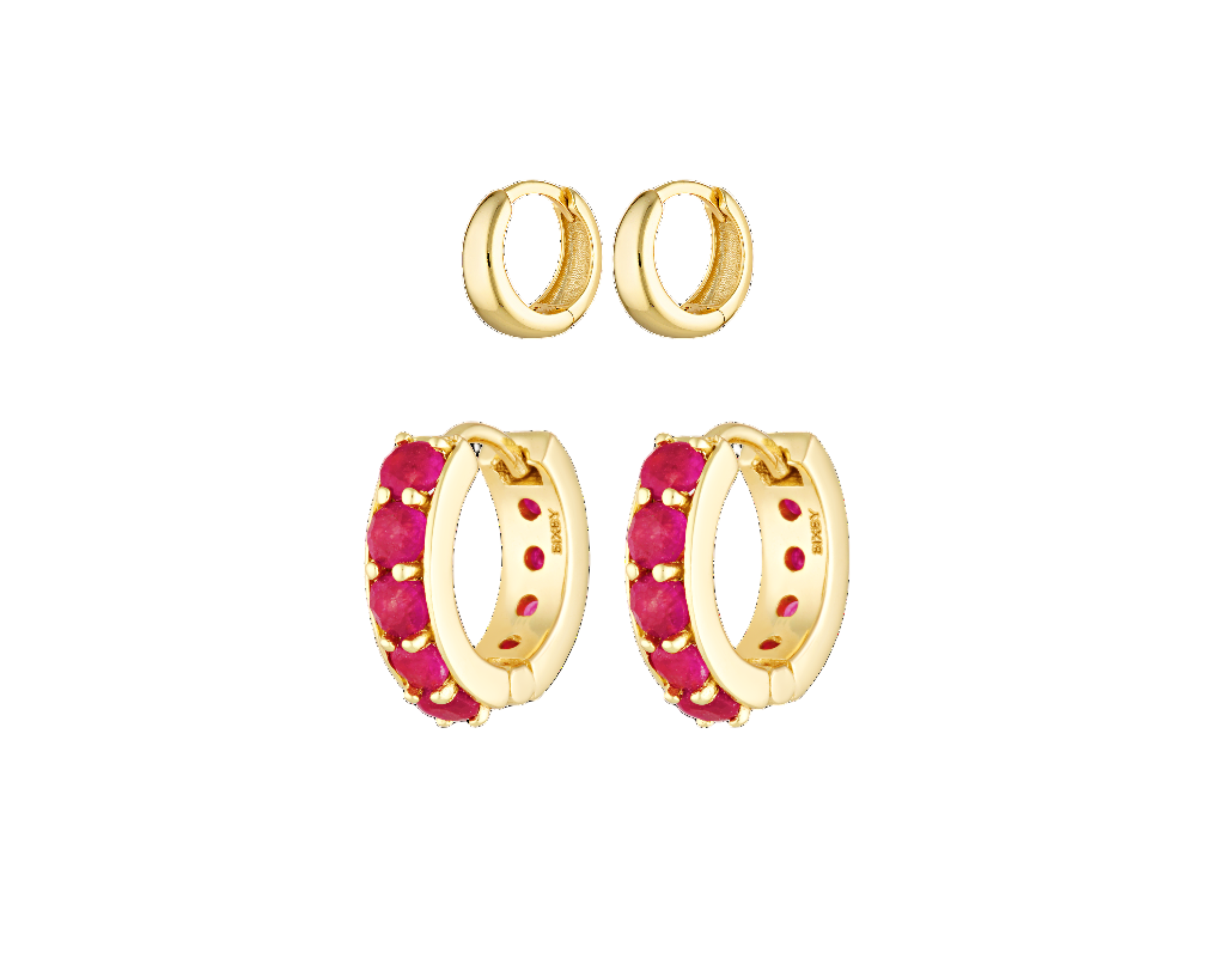 Gold hoop earrings with pink accents on a white background