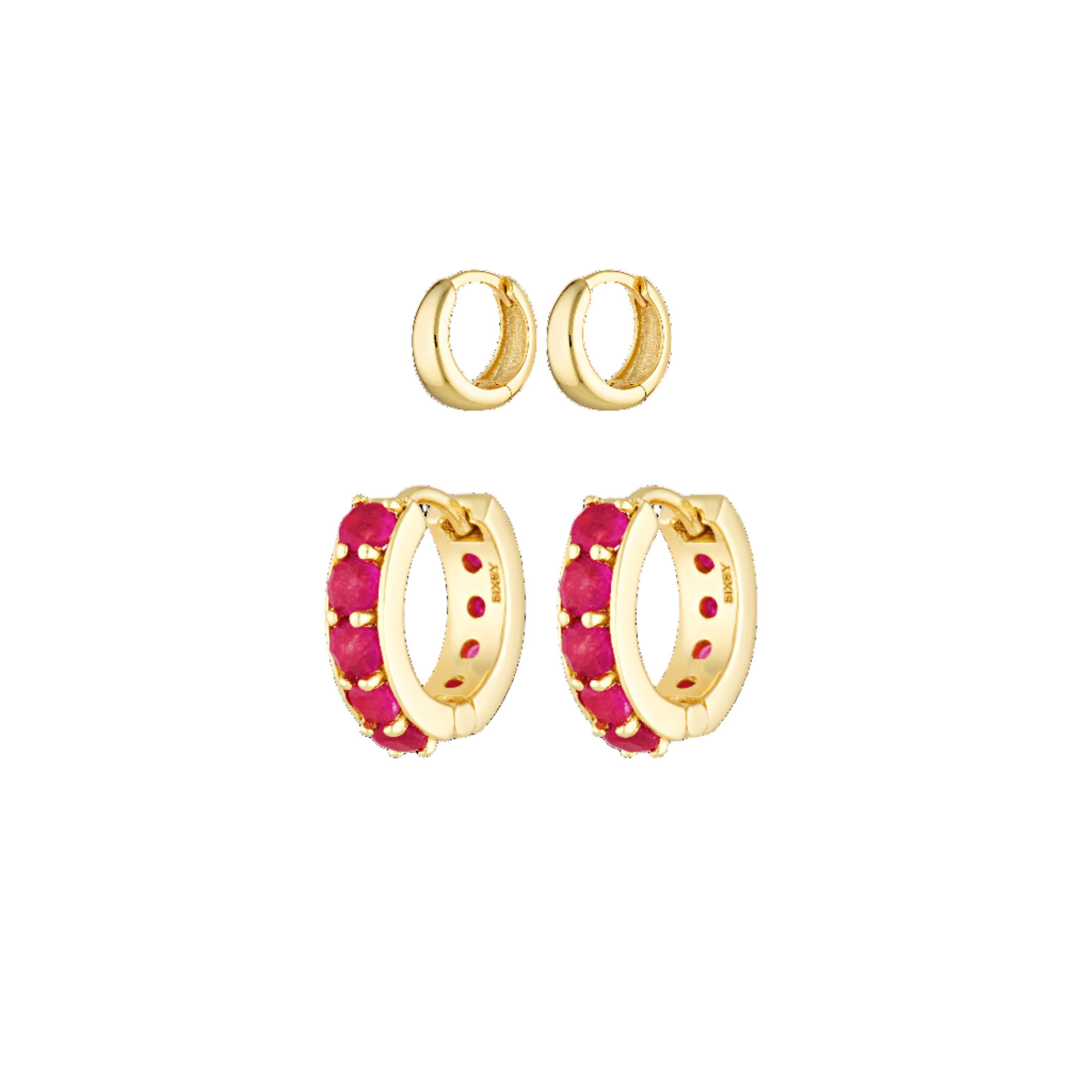 Gold hoop earrings with pink accents on a white background