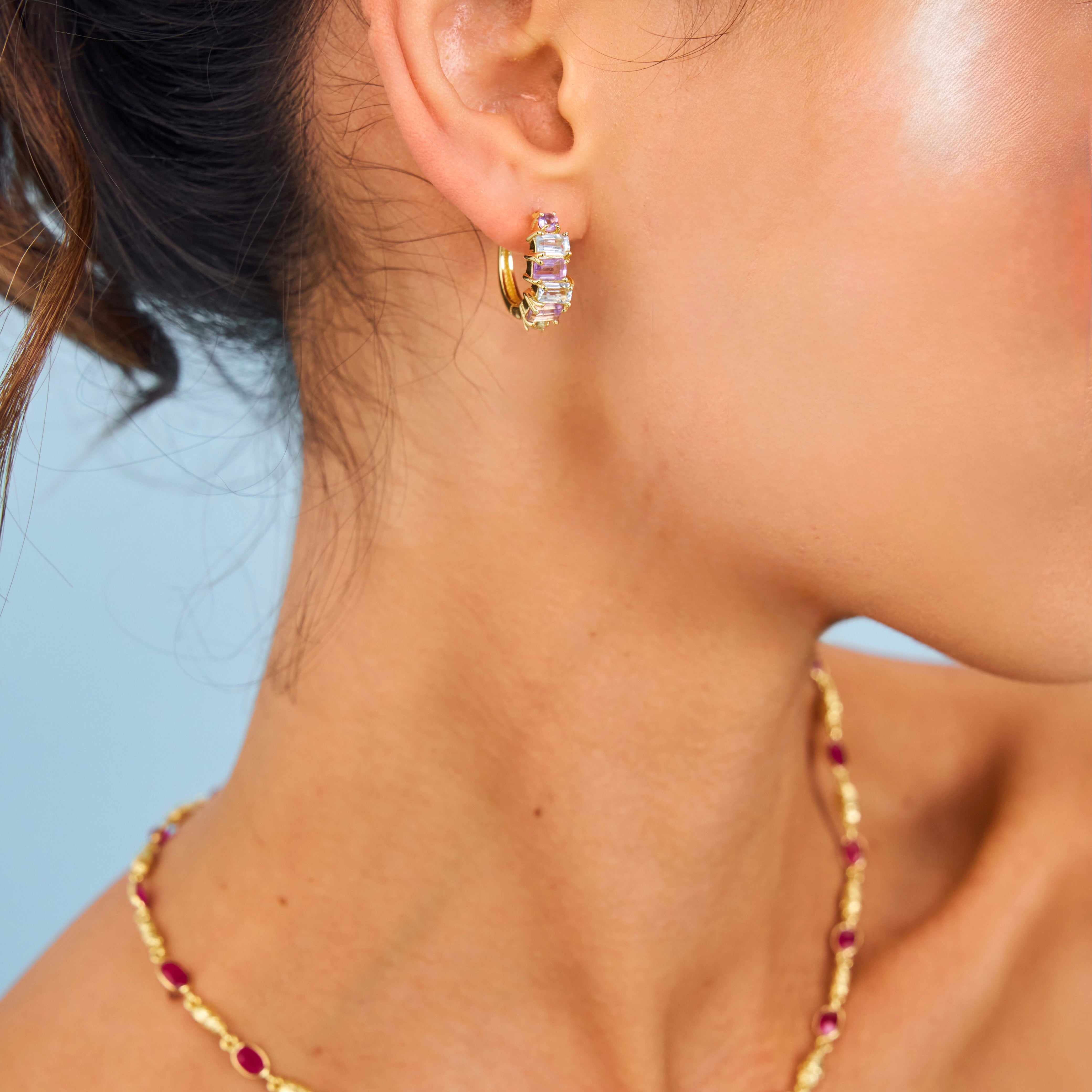 Cute pale shade gemstone 18k gold vermeil hoops