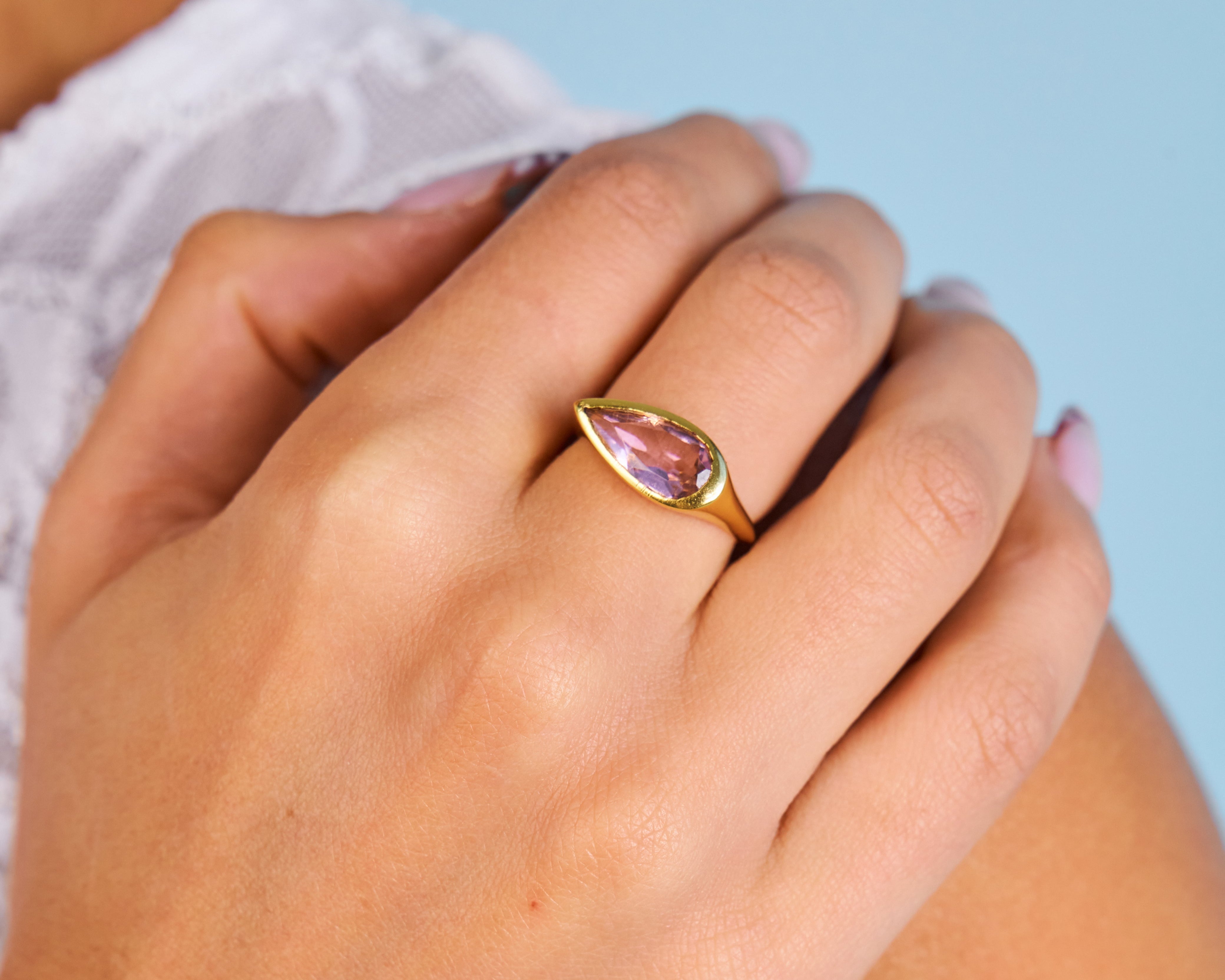 Pink pear shaped pink gemstone 18k gold vermeil ring 