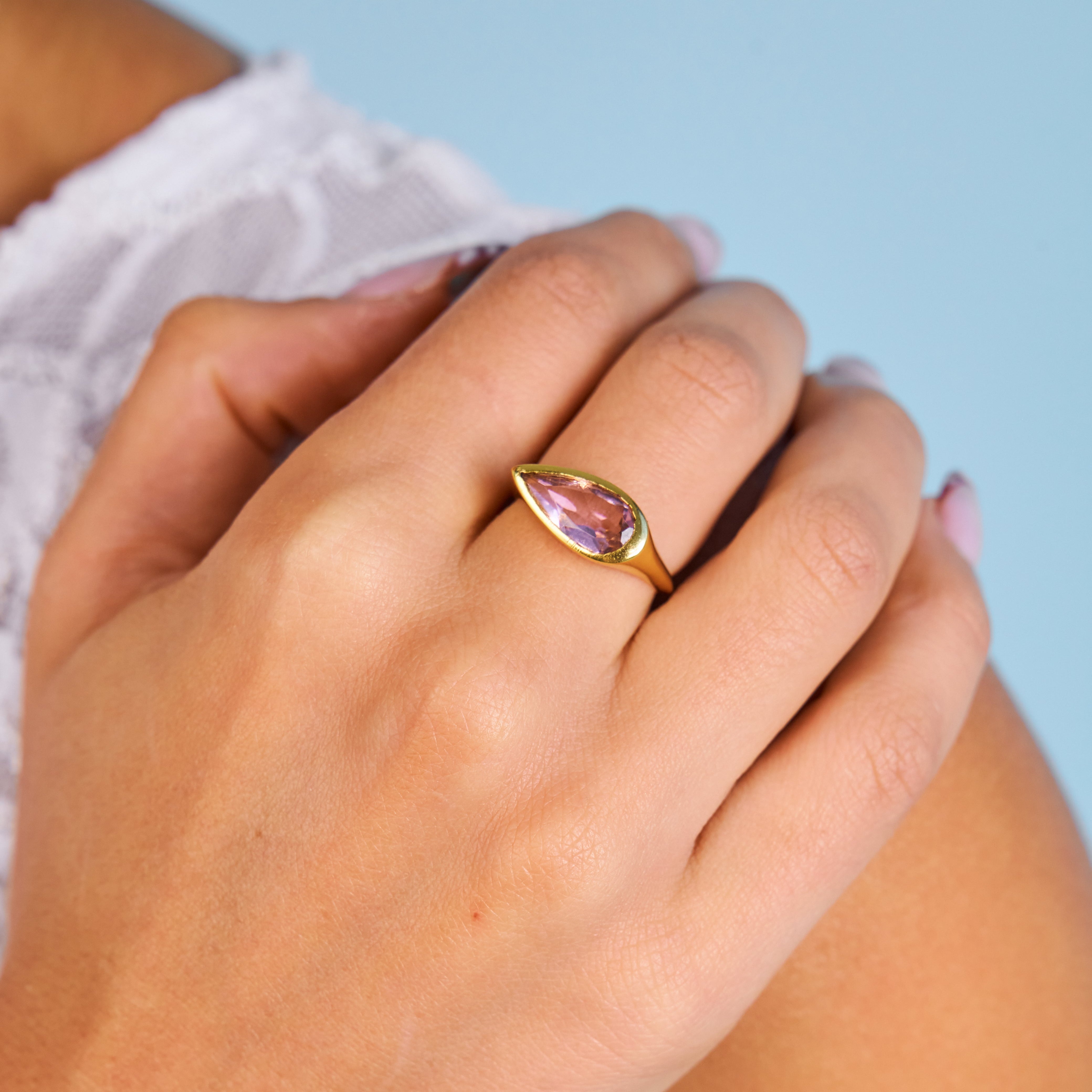 Pink pear shaped pink gemstone 18k gold vermeil ring 