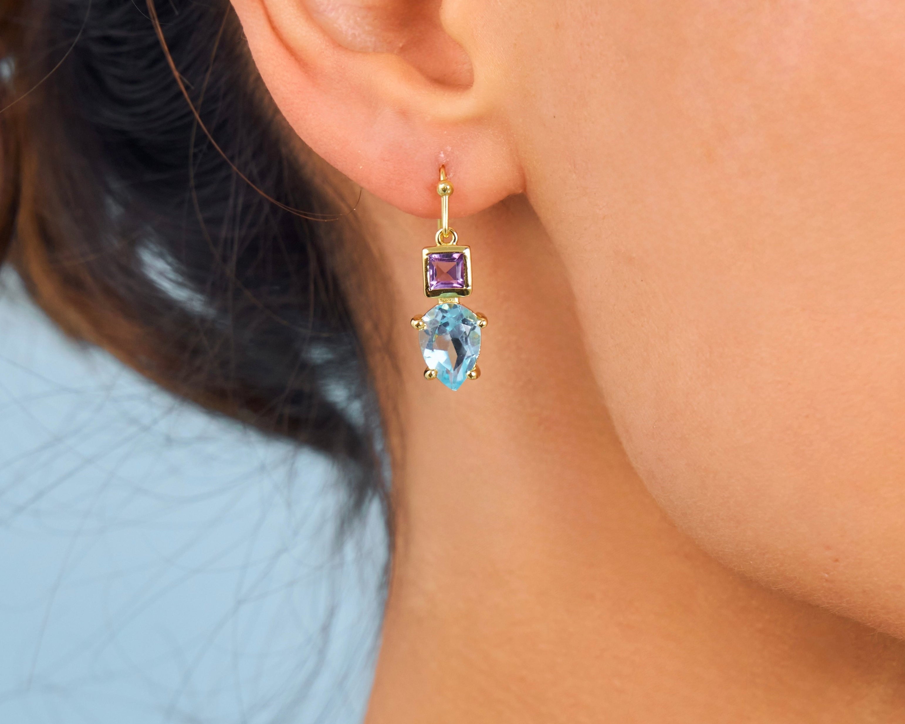 Blue and purple gemstone wire hook earrings 