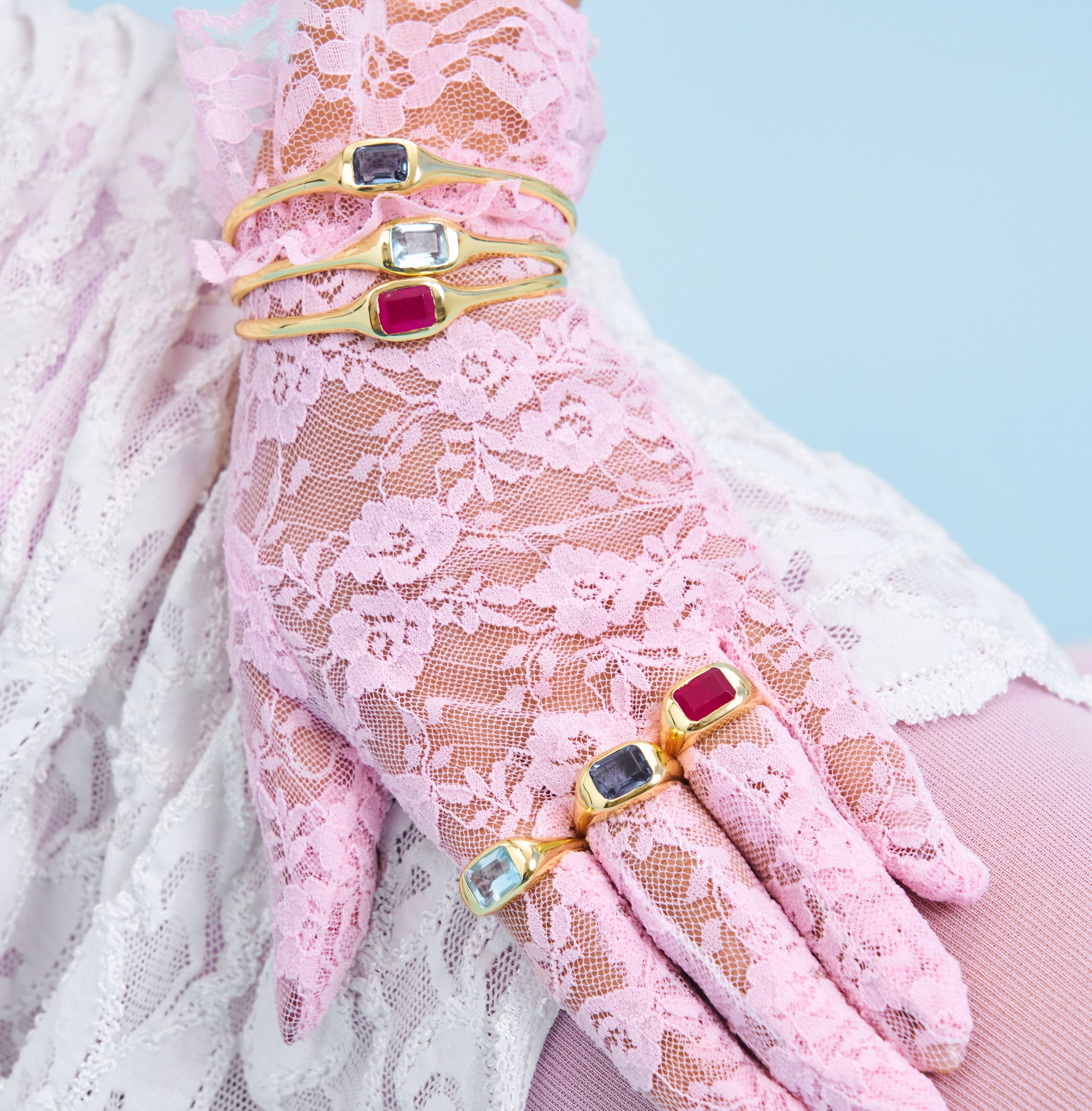 Matching gemstone bangles and rings in Aquamarine, Topaz and Pink Morganite 