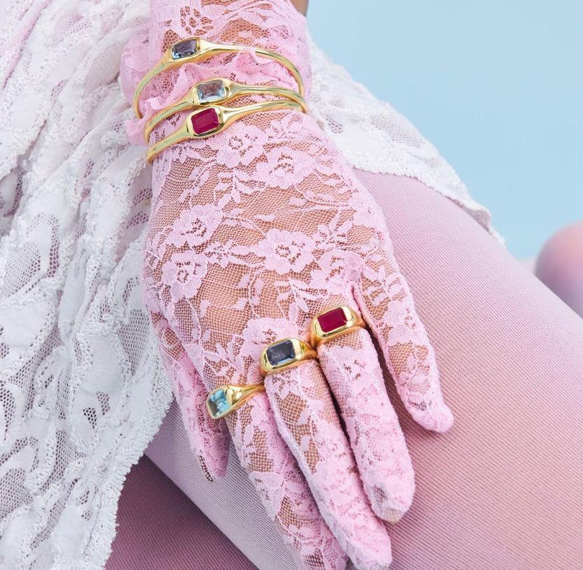 Coloured semi precious gemstone rings and matching bangles 