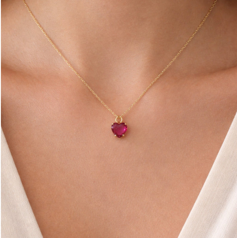 Valentine heart necklace on models neck 