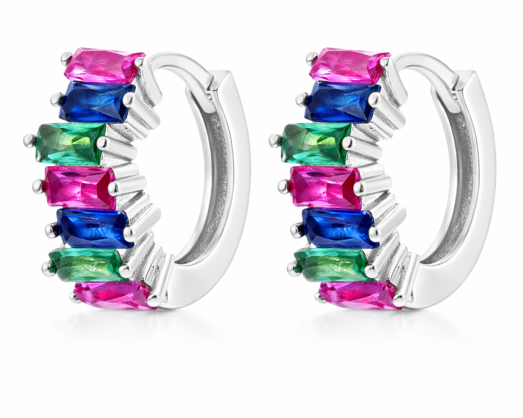 Silver hoop earrings with multicolored gemstones on a white background