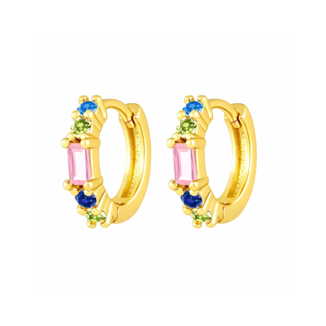 Gold hoop earrings with colorful gemstones on a white background