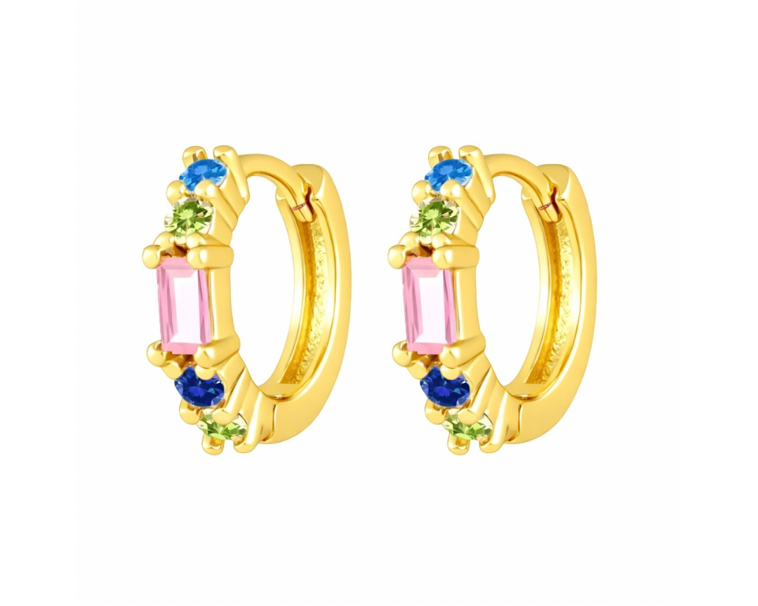 Gold hoop earrings with colorful gemstones on a white background