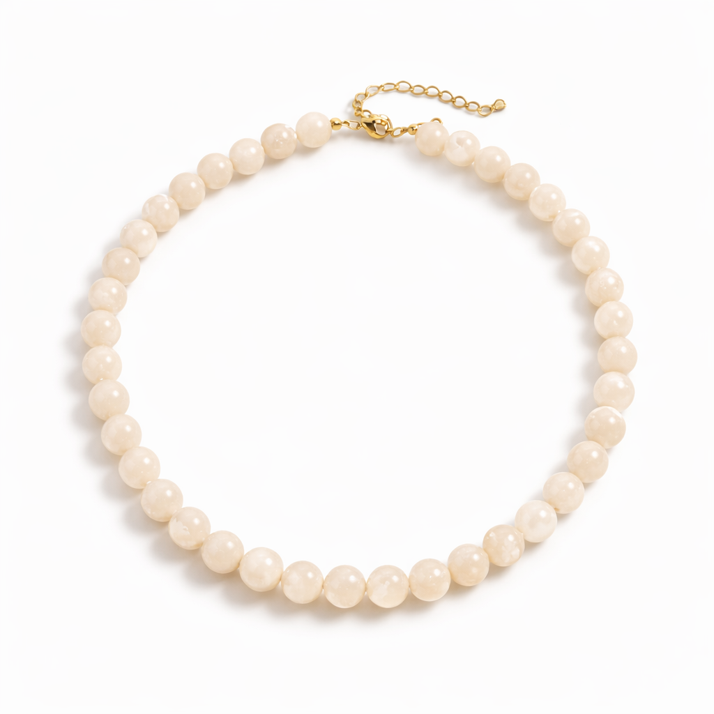 Pearl necklace with gold clasp on a white background