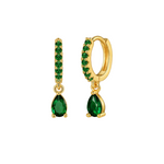 Gold hoop earrings with green gemstones on a white background