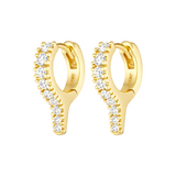 Gold hoop earrings with clear gemstones on a white background