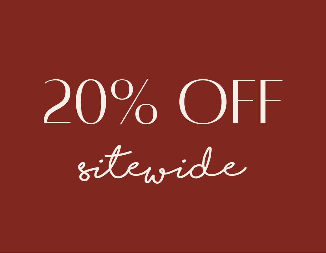 A promotional graphic with a solid dark red background and white text reading '20% OFF sitewide' and 'now live'.