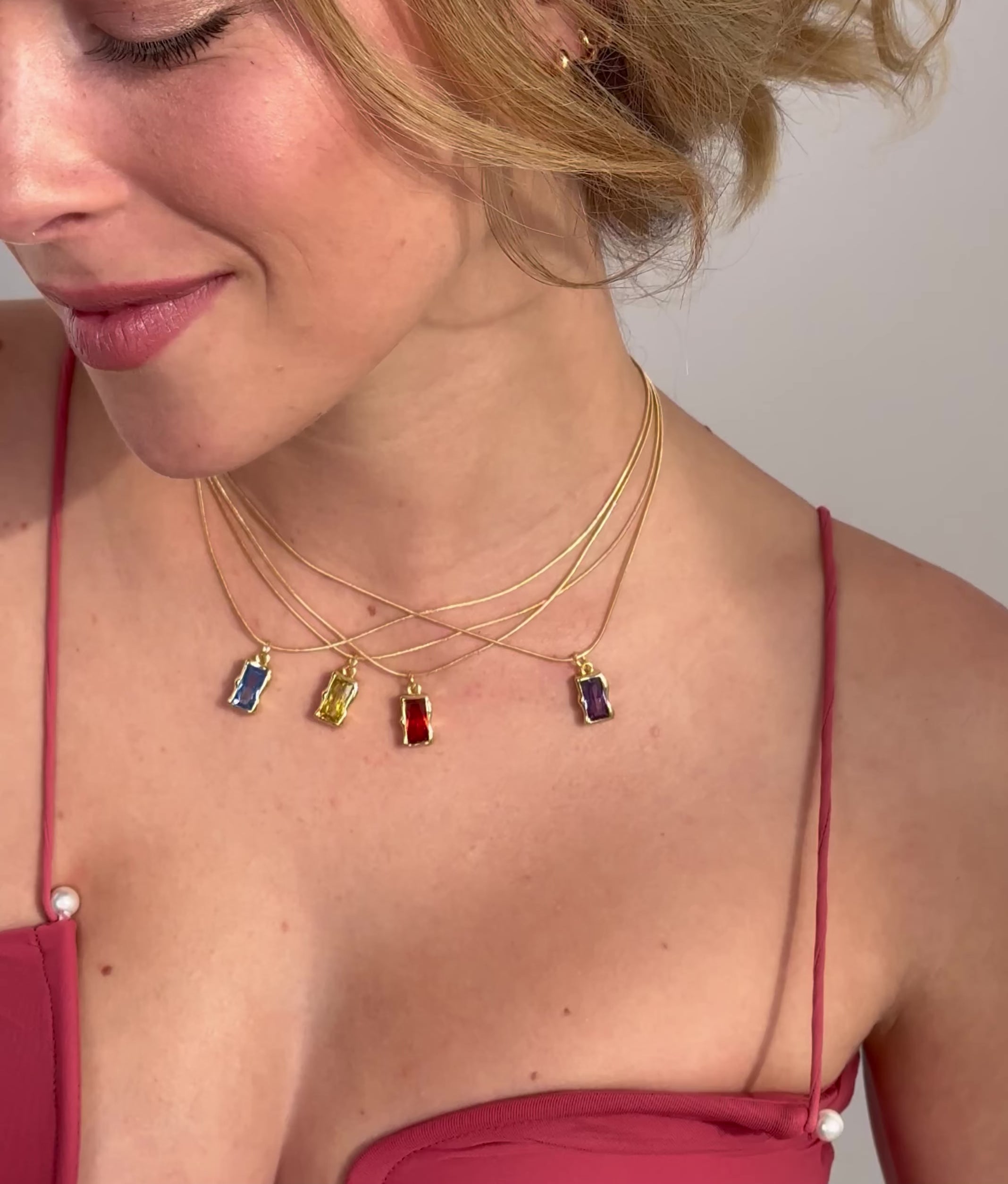 Video of model wearing multiple Coloured Gold Filled Birthstone necklaces 