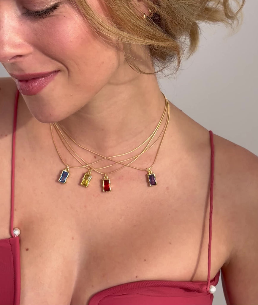 Video of model wearing multiple Coloured Gold Filled Birthstone necklaces 