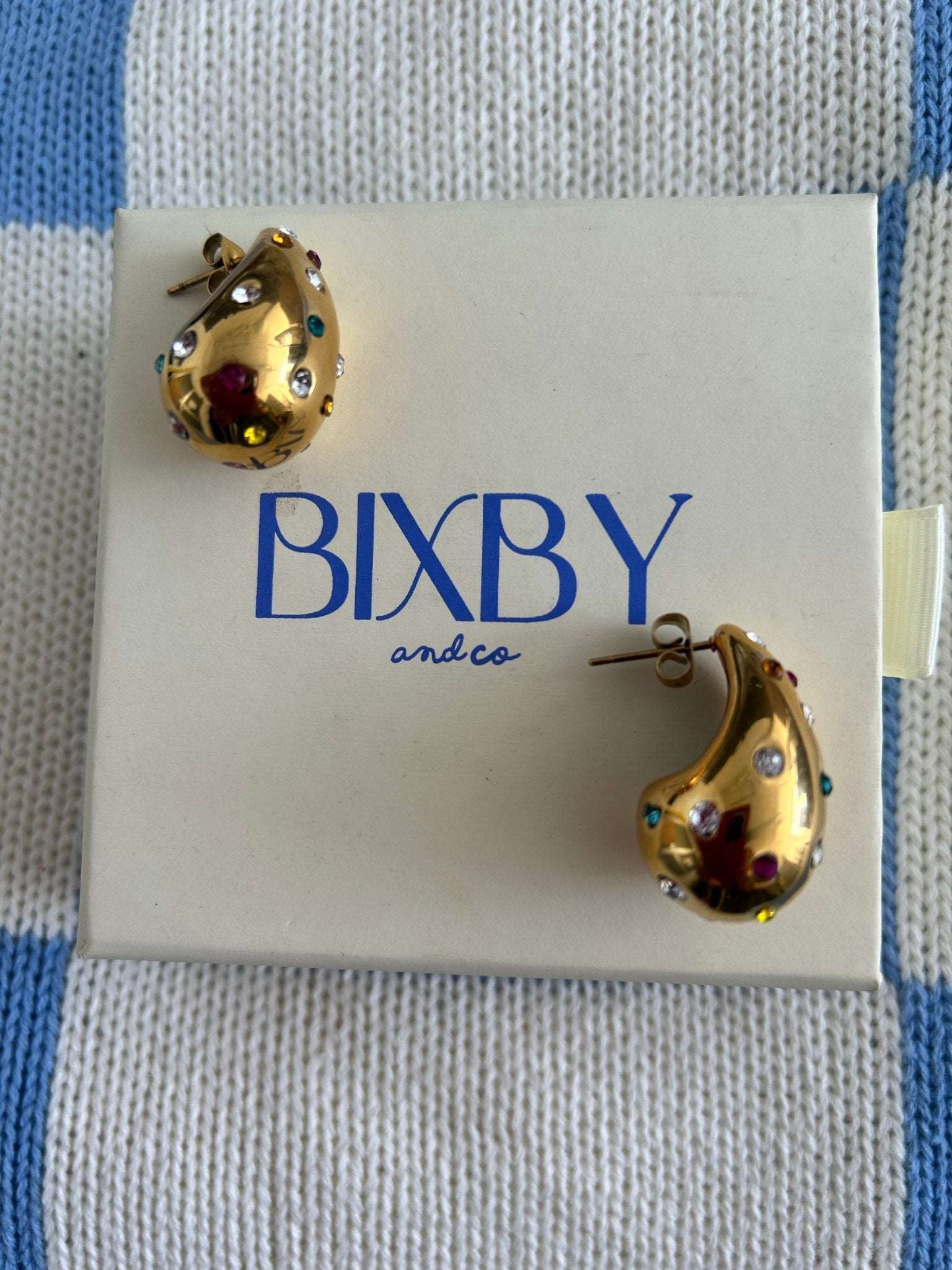 New Cosmo teardrop Bottega shape earrings on Bixby packaging